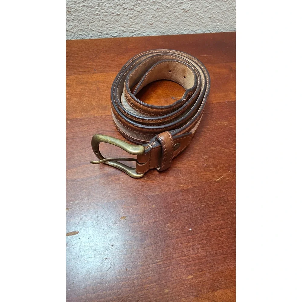 Paul Fredrick Belt Mens 44‎ Brown Leather Canvas Made in Italy Casual Classic